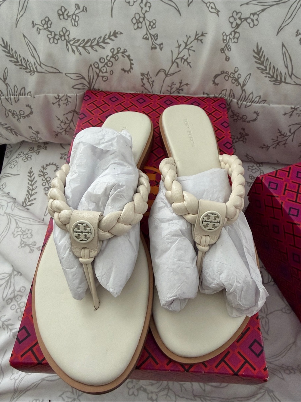Tory Burch Ivory Braided Thong Sandals with Logo Medallion